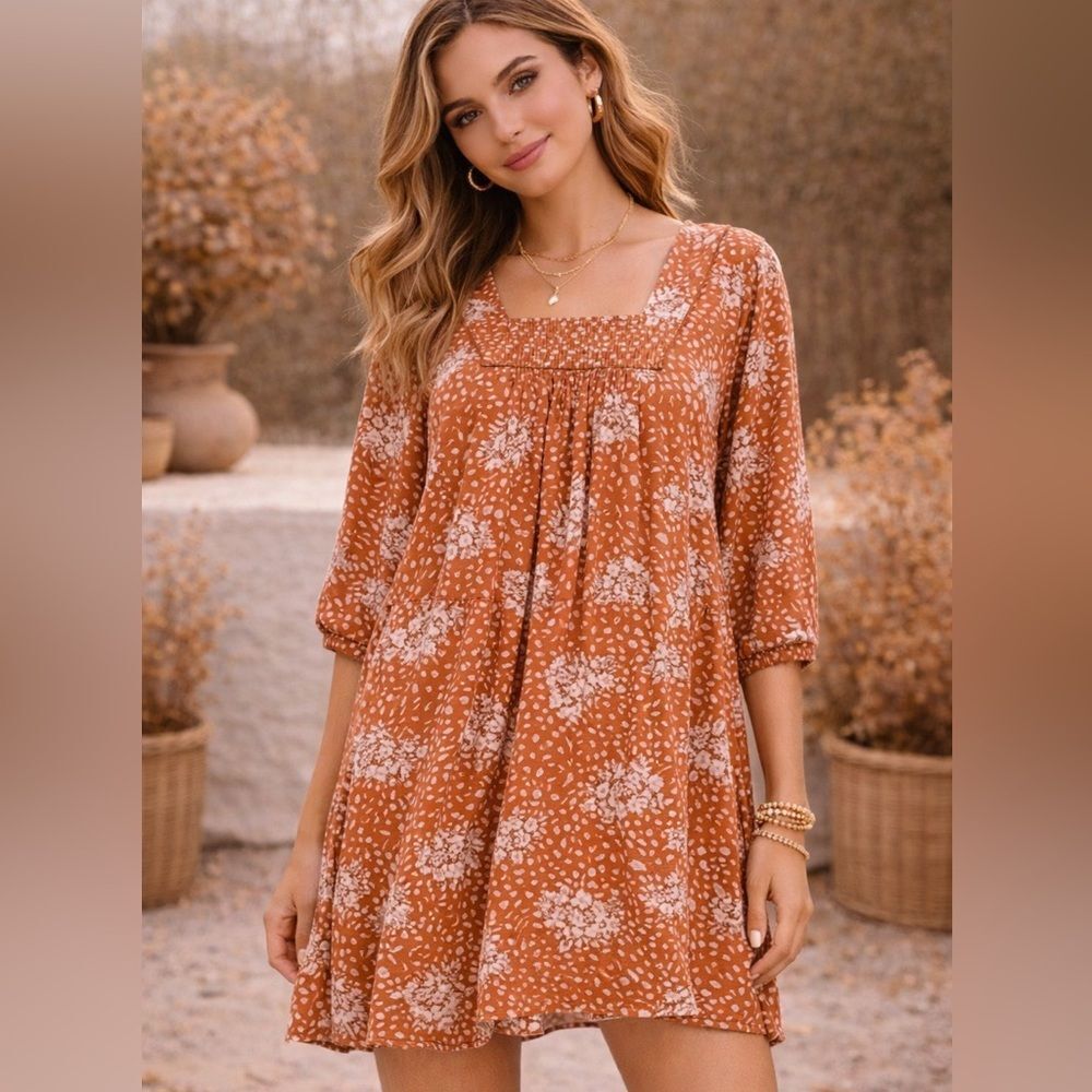 Knox Rose Women's Boho Floral Print Shift Dress Size Small Brown/Cream